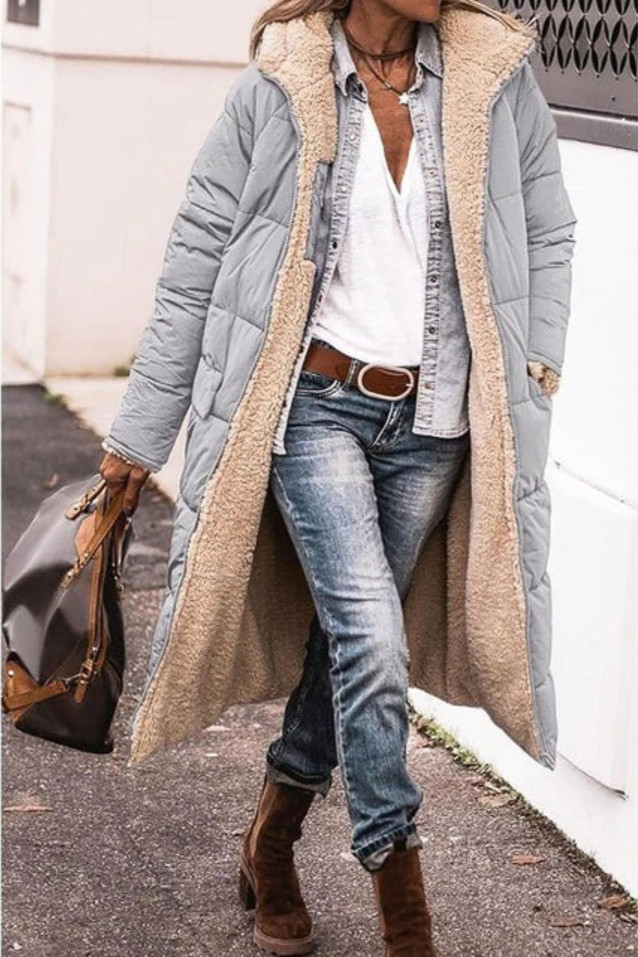 Gwen | Longline Puffer Coat with Faux Shearling