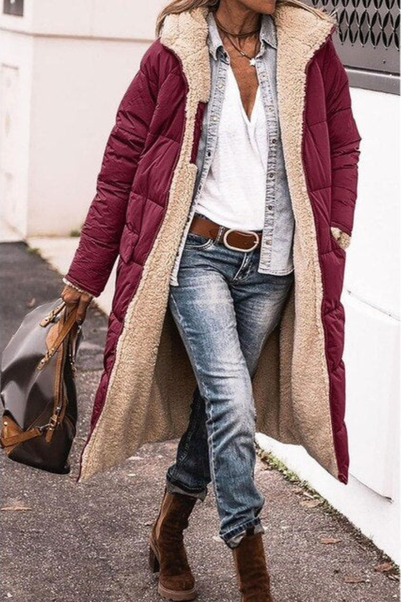 Gwen | Longline Puffer Coat with Faux Shearling