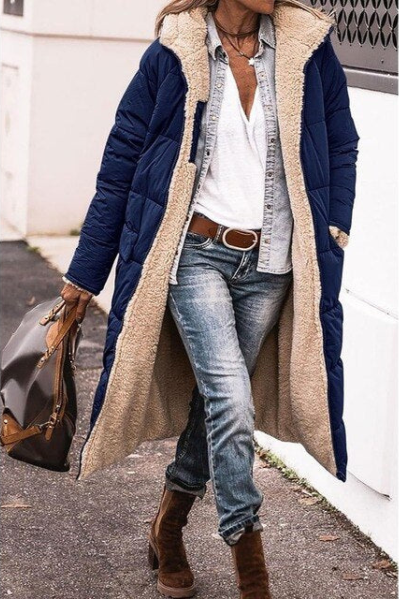 Gwen | Longline Puffer Coat with Faux Shearling