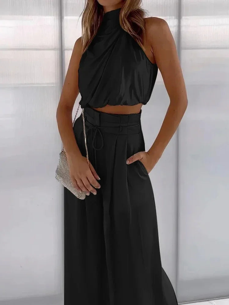 Thalia | Draped Halter & Wide-Leg Trouser Set